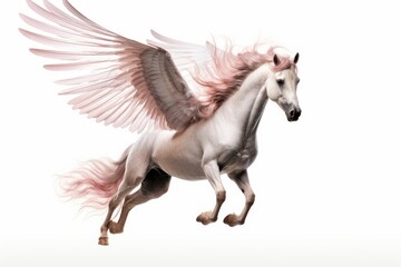 Obraz na płótnie Canvas a beautiful flying horse with wings pink pegasus. winged divine stallion mythical creature from greek mythology. isolated on white studio background. Generative AI