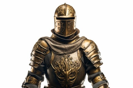 a closeup photo image of a medieval knight in a golden and steel armour. isolated on white studio background. Generative AI