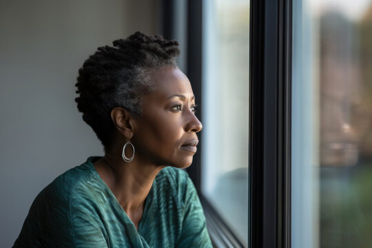 Mature African woman uncertain, looking outside window. Thoughtful mid-adult woman contemplating her future business after the pandemic. Doubtful lady at home.