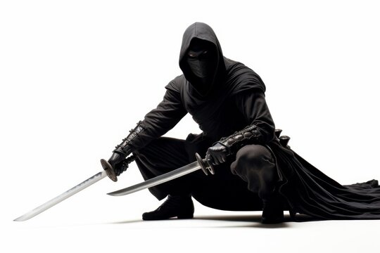 a photo of a japanese ninja assassin warrior with swords weapon and black ninja outfit. isolated on white studio background. posing with his body. Generative AI