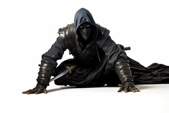 a photo of a japanese ninja assassin warrior with swords weapon and black ninja outfit. isolated on white studio background. posing with his body. Generative AI