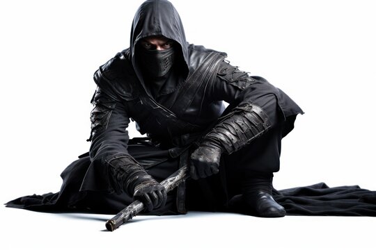 a photo of a japanese ninja assassin warrior with swords weapon and black ninja outfit. isolated on white studio background. posing with his body. Generative AI