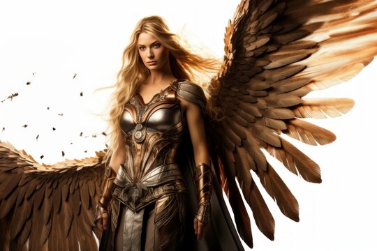 closeup photo portrait of a beautiful blonde woman with wings and armor and a sword weapon flying. valkyrie scandinavian norse mythology. isolated on white studio background. Generative AI