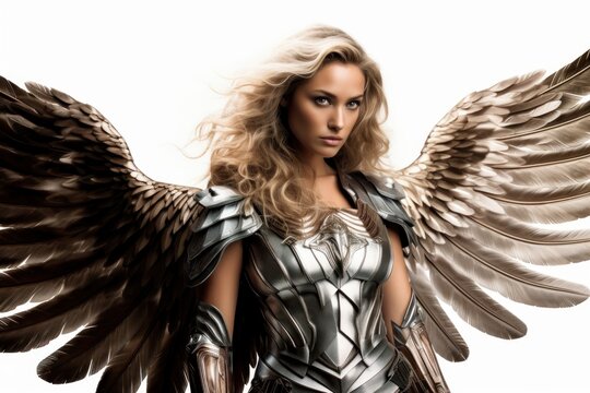 closeup photo portrait of a beautiful blonde woman with wings and armor and a sword weapon flying. valkyrie scandinavian norse mythology. isolated on white studio background. Generative AI