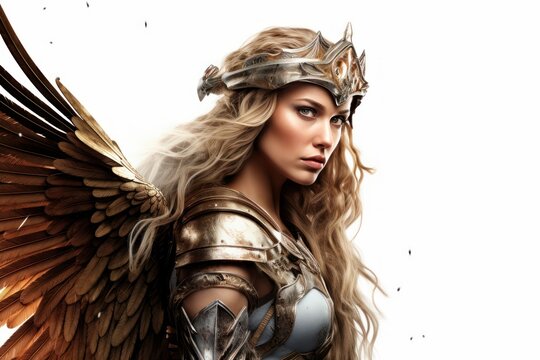 closeup photo portrait of a beautiful blonde woman with wings and armor and a sword weapon flying. valkyrie scandinavian norse mythology. isolated on white studio background. Generative AI