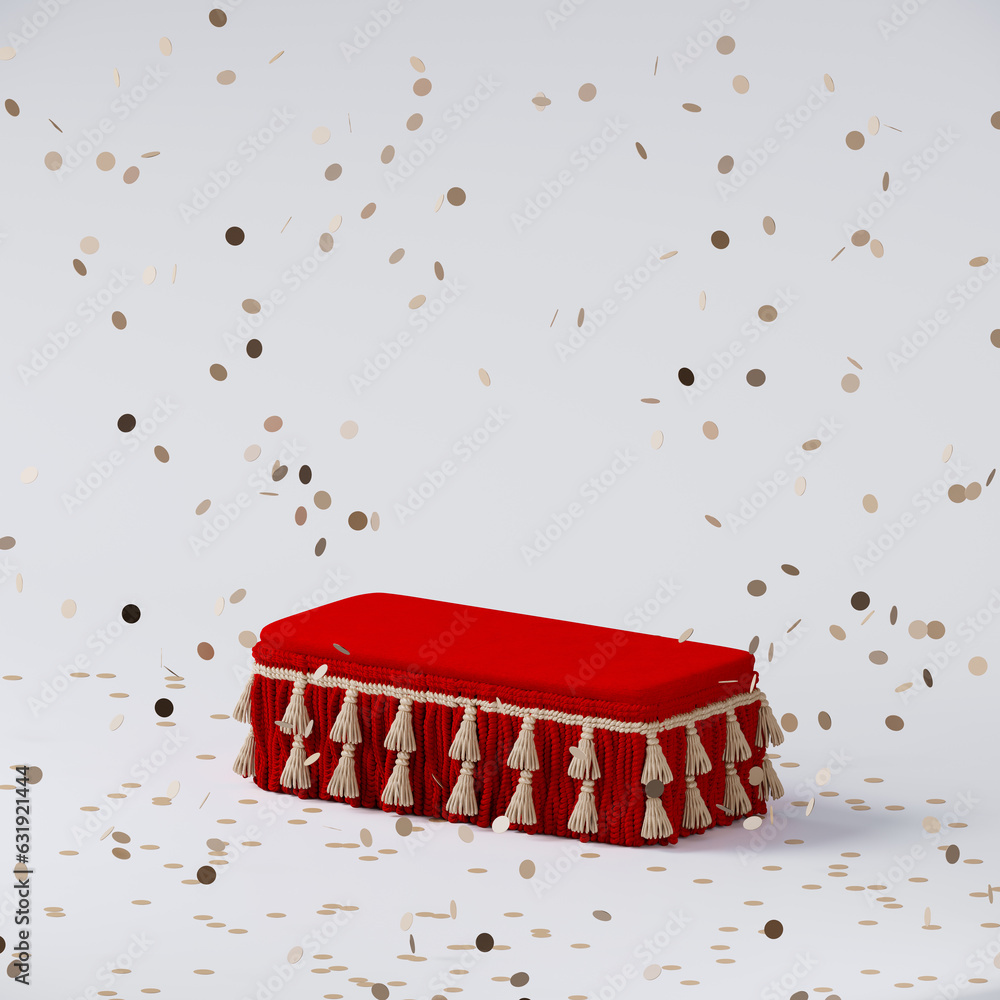 Poster minimal winter product background for sale event concept. red velvet tassel podium on white backgrou