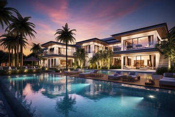 A contemporary and opulent mansion featuring an attractive swimming pool and a vibrant sky at twilight.