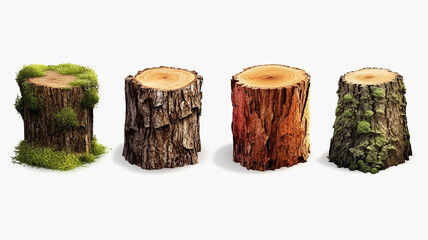 collection of wooden stumps isolated on a white background.