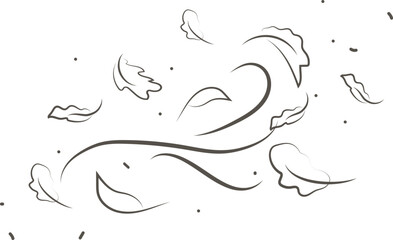 Wave flowing illustration with hand drawn doodle cartoon style.Outline drawing of a breath of wind with flying autumn leaves.Wind blow set in line style.