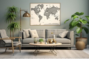 A contemporary nostalgic style for the interior of a house featuring a gray couch, coffee table, plants, furniture, a placeholder poster map, decorations, and personal accessories. A chic and