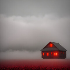 Gloomy house surrounded by fog, red lights shining from the windows. generative AI