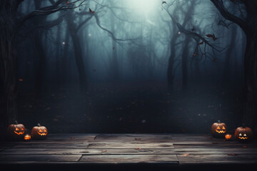 Spooky halloween background with empty wooden planks and pumpkins, dark horror background. AI generated