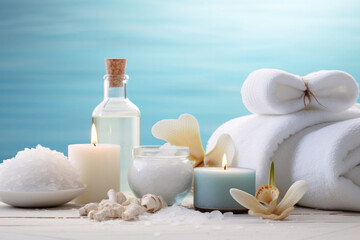 Obraz na płótnie Canvas Beauty treatment items for spa procedures. Massage stones, essential oil and sea salt. Generative AI