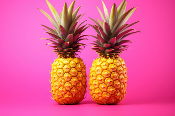 Pineapples on a vivid pink background. Generative AI