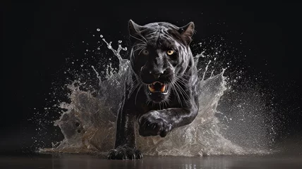 Poster Im Rahmen black panther runs in splashing water dynamic scene. © kichigin19