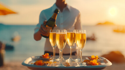 waiter beach summer cocktail glasses on a tray sun sparkling.