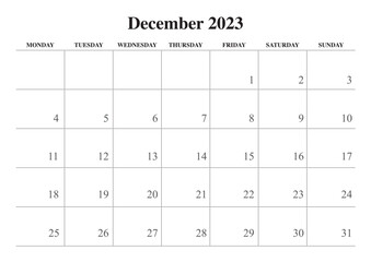 2023 December calendar simple black and white start on monday
