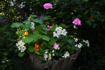 Bouquet of flowers in a wood barrel