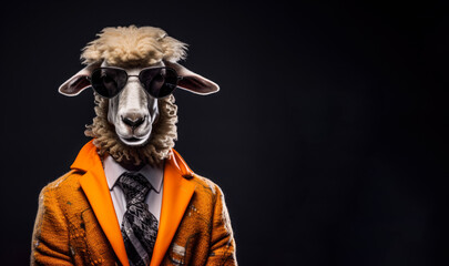 Cool looking sheep wearing funky fashion dress - jacket, tie, sunglasses. Wide banner with space for text at side. Stylish animal posing as supermodel. Generative AI