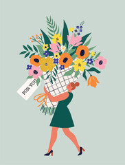 Happy birthday Women's Day March 8! Cute cards and posters for the spring holiday. Vector illustration of a woman hugging or carrying a huge bouquet of flowers!