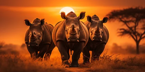 Fotobehang three big african rhinos in the sunset, big five wildlife safari © CROCOTHERY