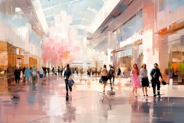 Watercolor picture of modern busy and crowded shopping mall in pastel colors
