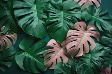 Monstera Jungle: Lush Leaves in Captivating Flat Lay Illustration. Ai generated.
