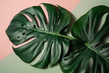 Monstera Jungle: Lush Leaves in Captivating Flat Lay Illustration. Ai generated.