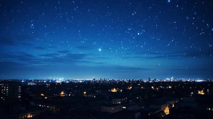 Fotobehang Crystal clear image of the Orion constellation, stars twinkling brightly against the dark night sky, silhouettes of city buildings at the bottom © Marco Attano
