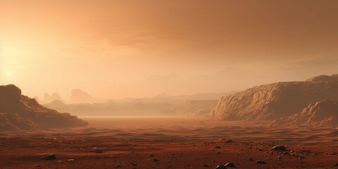Detailed, crisp image of the surface of Mars, red desert, dust storms, huge mountains in the distance, a view from a telescope, similar to NASA rover images