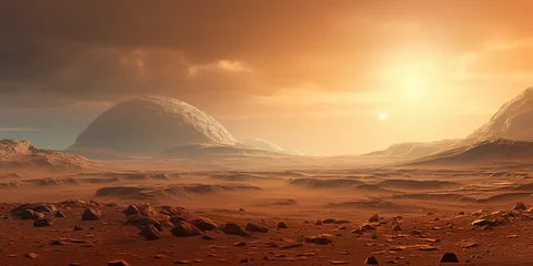 Photo sur Plexiglas Nasa Detailed, crisp image of the surface of Mars, red desert, dust storms, huge mountains in the distance, a view from a telescope, similar to NASA rover images