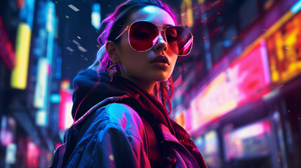 Futuristic street fashion portrait in an abstract digital cityscape, neon colors, anime - inspired, cyberpunk feel