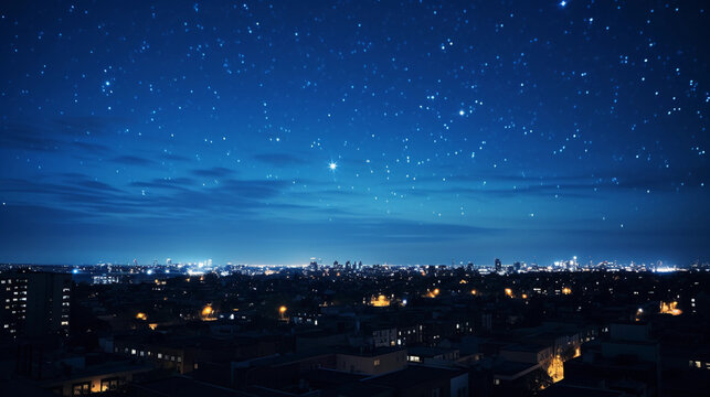 Fototapeta Crystal clear image of the Orion constellation, stars twinkling brightly against the dark night sky, silhouettes of city buildings at the bottom