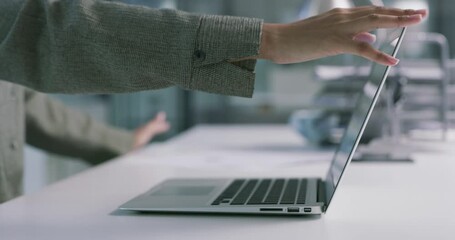 Technology and hands of a businesswoman closing a laptop at a desk in office for work. Turn off, offline or finish and complete task and with woman close a computer at modern workplace on table - Powered by Adobe