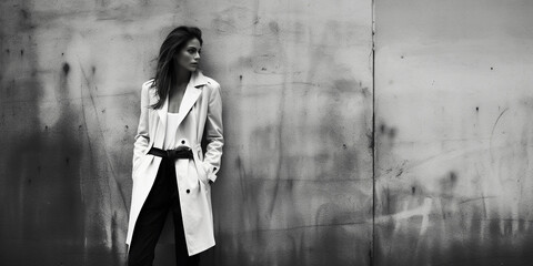 Monochromatic abstract expressionism, street fashion model posing against grungy wall, vintage urban style, high contrast