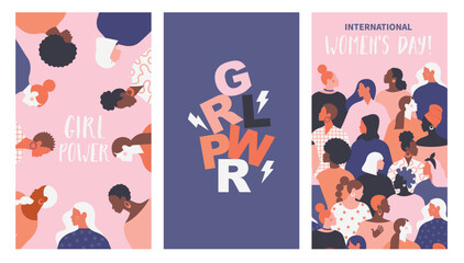 Collection of greeting card or design templates for social media stories with women and Happy Women's Day wish. Modern festive vector illustration for 8 March celebration.