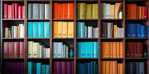 Bookshelf with colorful rainbow folders. Wallpaper with straight view of open bookcase. Modern interior design backdrop.