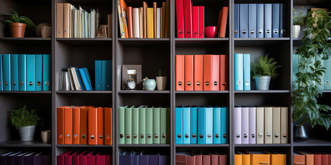 Fototapeta premium Bookshelf with colorful rainbow folders. Wallpaper with straight view of open bookcase. Modern interior design backdrop.