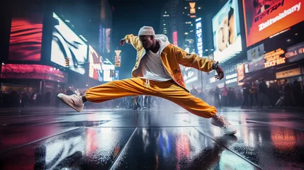 Abwaschbare Fototapete Musikladen a trendy hip - hop dancer, male, urban outfit consisting of a brightly colored tracksuit, oversized gold chain, and high top sneakers, mid - move on a rain - soaked city street under neon lights at ni