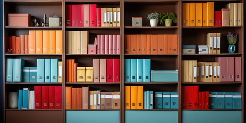 Bookshelf with colorful rainbow folders. Wallpaper with straight view of open bookcase. Modern interior design backdrop.