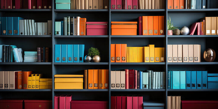 Bookshelf with colorful rainbow folders. Wallpaper with straight view of open bookcase. Modern interior design backdrop.