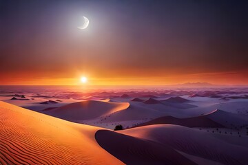 Fototapeta na wymiar sunset in the desert , moon over the desert landscape ai generated