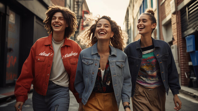 Naklejka a group of three friends, diverse and stylish, walking down an urban alleyway filled with street art. All dressed in vintage 90s street fashion with high - waisted jeans, cropped tops, oversized shirt
