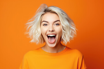 Happy blonde woman excited and happy, laughs with open mouth isolated on a flat orange background with copy space. Banner template with young pretty woman.