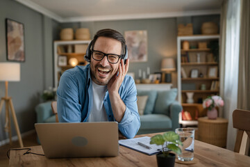 One man caucasian male freelancer work from home on laptop computer