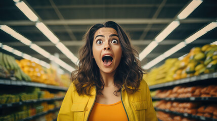 Surprised beautifull happy latino woman with open mouth against the backdrop of a supermarket store. Very surprised and shocked woman. Creative concept of big discounts, sale, black Friday.