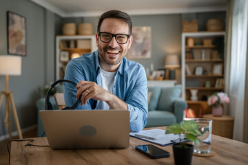 One man caucasian male freelancer work from home on laptop computer