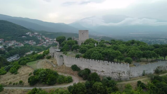 Aerial view of Platamon castle in Greece. Crusader castle in Macedonia, Greece and is located southeast of Mount Olympus. Drone view of the medieval castle.