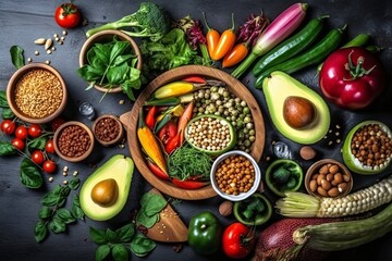 Healthy food background. Vegetables, chickpeas, tomatoes, avocado and herbs on black wooden table. Creative and flavorful vegetarian dishes.