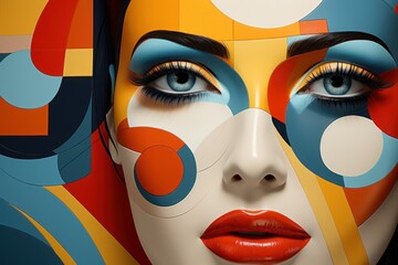 Abstract modern digital art of women portrait made with colorful geometric shapes.